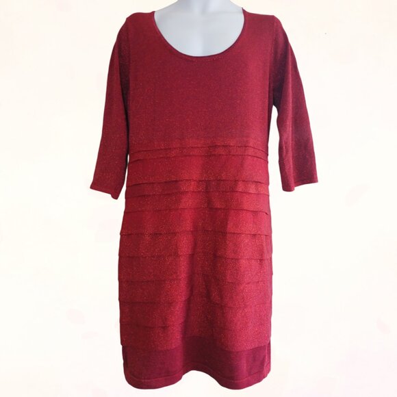 Carmen Marc Valvo Red HalfSleeve Stretch ScoopNeck Pleated Midi Sweater Dress XL - Picture 2 of 12